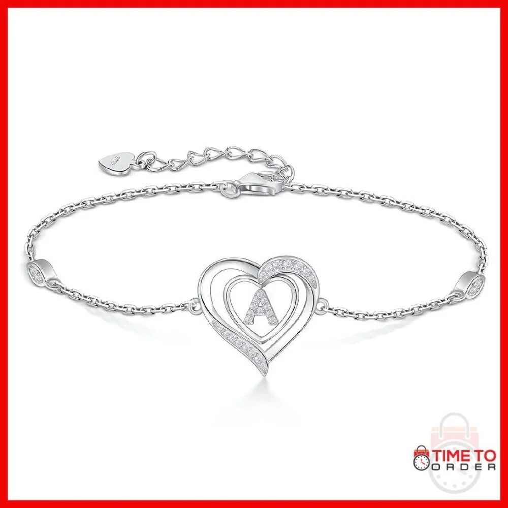 Sterling Silver Heart Initial Bracelet Personalized Charm Jewelry Gift